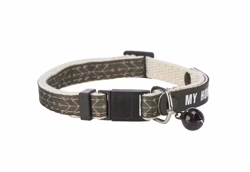 Ett grönt katthalsband med texten "My Home".