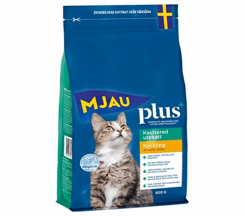 Framsidan av Mjau Plus+ torrfoder för kastrerad utekatt- kyckling.