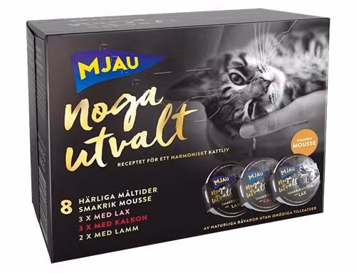 Framsidan av Mjau Noga Utvalt Multibox Mousse - Lax, Kalkon och Lamm.