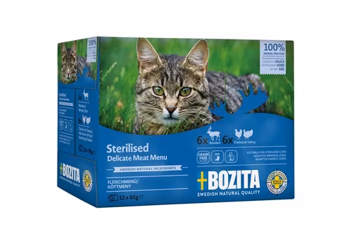 Framsidan av Bozita Indoor & Sterilised Köttmeny i Sås Multibox.