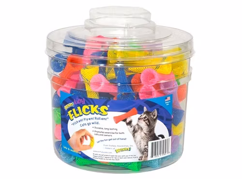 En burk med kitty flicks i olika färger.