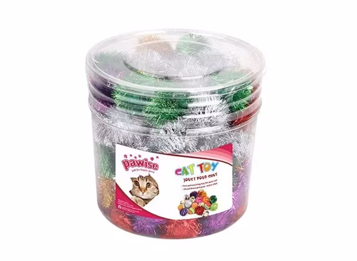 En burk med pom-pom-bollar i olika färger.