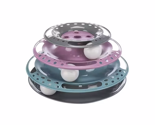 Ett runt katt-torn med 3 stycken bollar, en på varje "våningsplan".