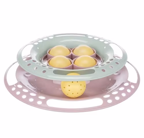 En rosa och grön kattleksak för kattungar, rund form. Med 4 stycken gula bollar.