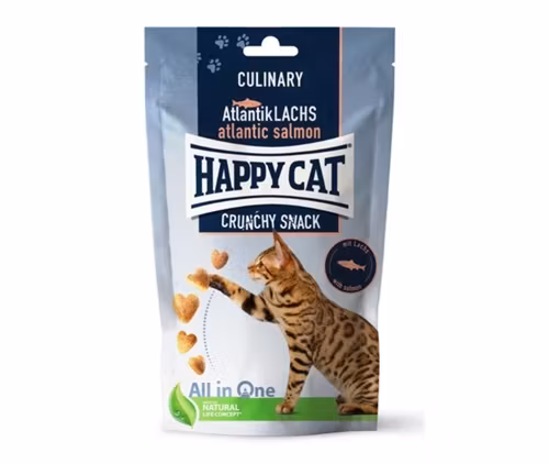 Framsidan av HappyCat Crunchy Snack med lax och ärtor.