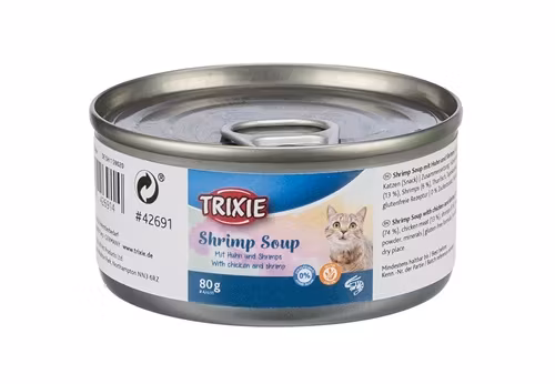 Framsidan av Trixies räksoppa konserv med kyckling & räkor.
