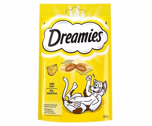 Framsidan av Dreamies ost. En gul förpackning.