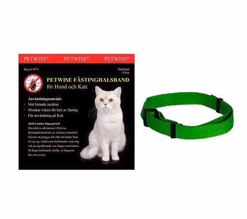 Förpackningen och Petwise gröna fästinghalsband för katter.