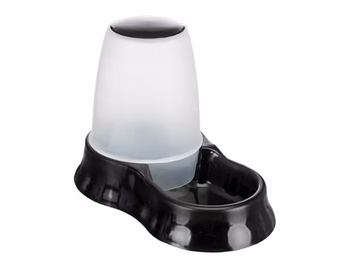 En kombinerade vatten- och foderautomat i svart färg.