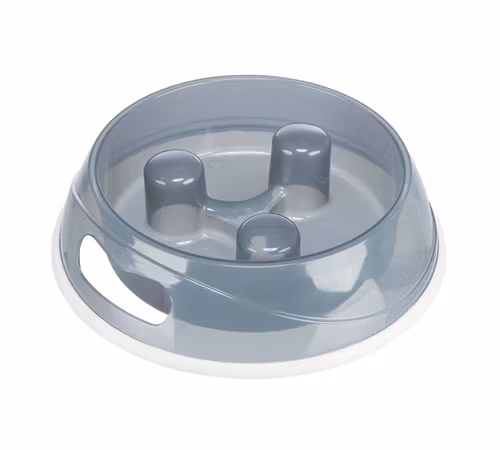En vit och blå matskål i slow-feeder-format med knoppar på insidan.