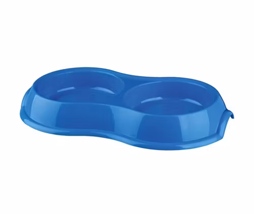 En blå dubbel matskål i plast.