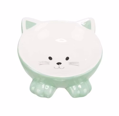 En grön lutande keramikskål för katter och hundar.