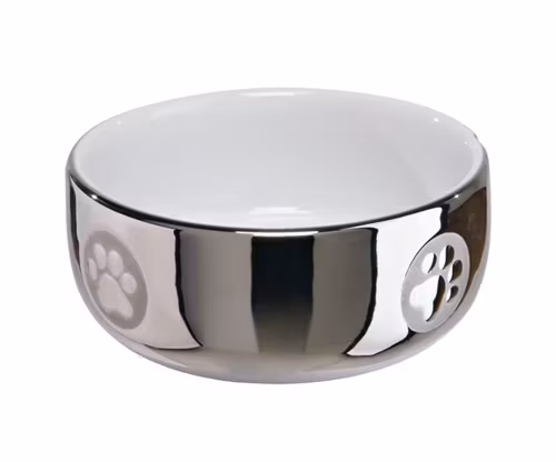 En keramikskål i silver med vit insida.