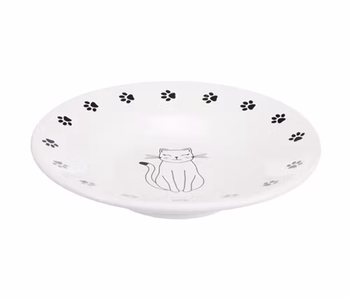 En vit låg keramikskål för kortnosiga katter. Med kattmotiv på insidan.