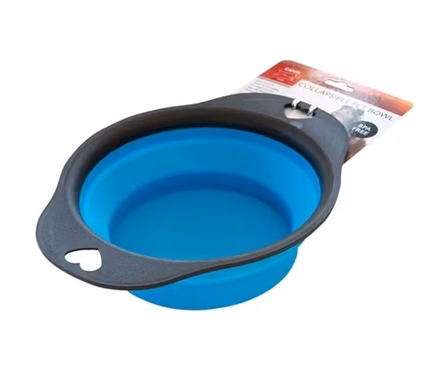 En blå och svart reseskål för hundar och katter.