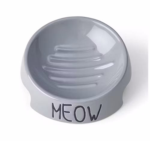 En grå kattskål i keramik.