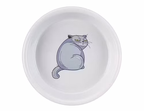 En vit kattmatskål med en sur liten katt som motiv på insidan.