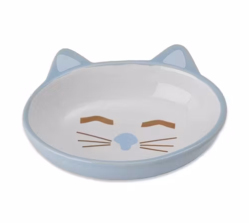 En blå kattmatskål formad som en katt.