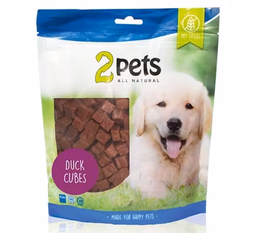Framsidan av 2pets Dogsnack Duck Cubes.
