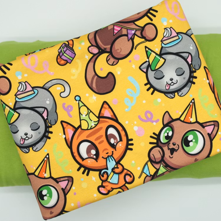 Jersey tyg Mellow Yellow Party Cats Pinkpoo grön lime mudd