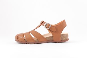 Think! Shoes Julia 396 Cognac. Sandaler med ortopedisk fotbädd. Vegetabilgarvat, 100% kromfritt skinn