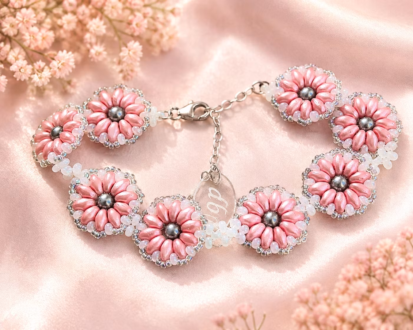 Rosa/vit Daisy armband