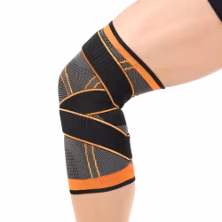 Knäskydd med stöd, kompression & spännrem, SVART/ORANGE