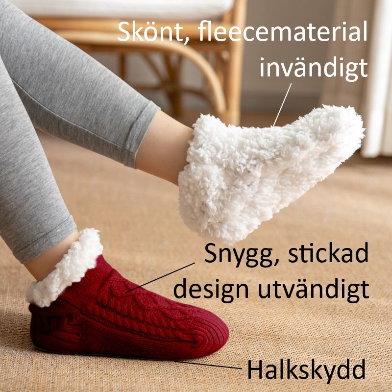 Varma, stickade tofflor med halkskydd - RÖD