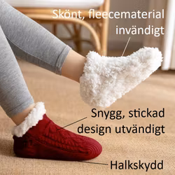 Varma, stickade tofflor med halkskydd - RÖD