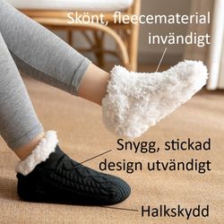 Varma, stickade tofflor med halkskydd - SVART