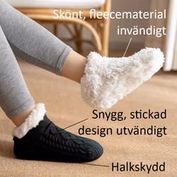 Varma, stickade tofflor med halkskydd - SVART