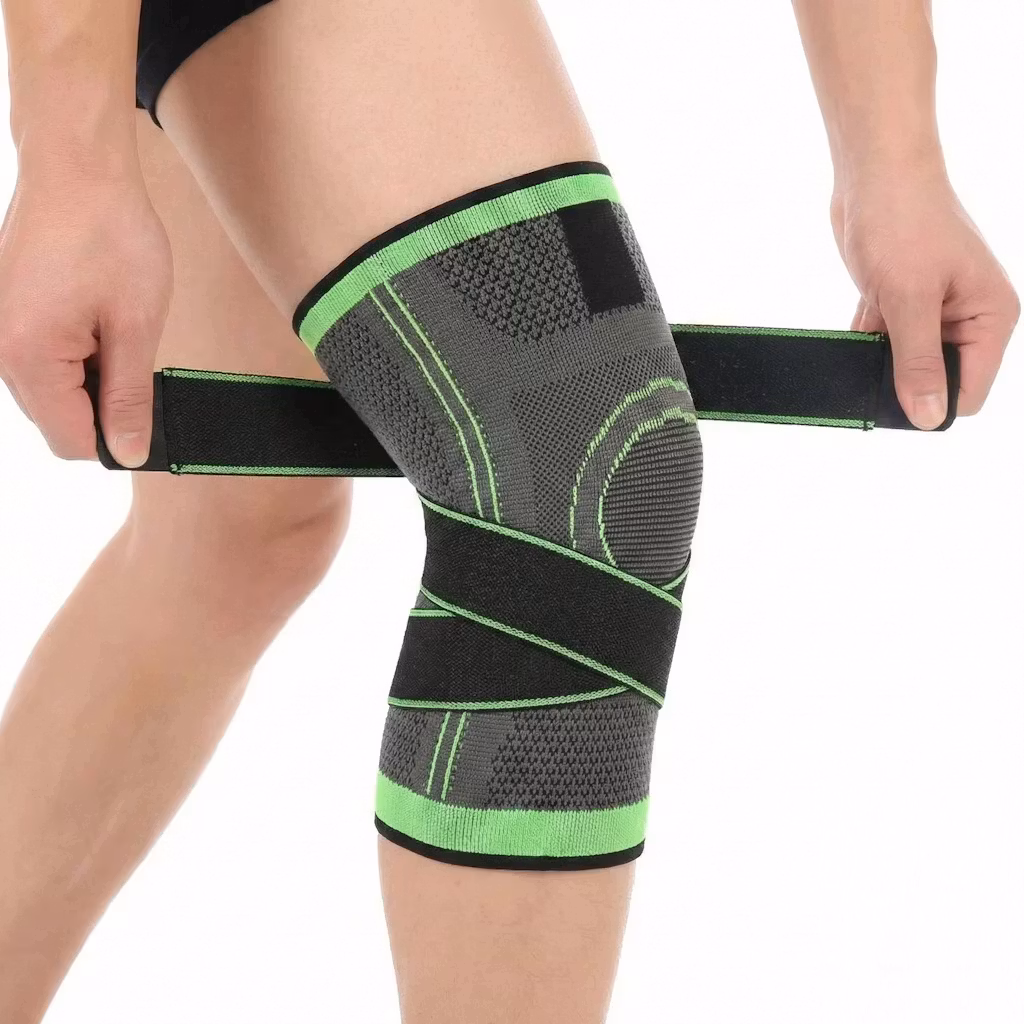 Knäskydd med stöd, kompression & spännrem, SVART/GRÖN