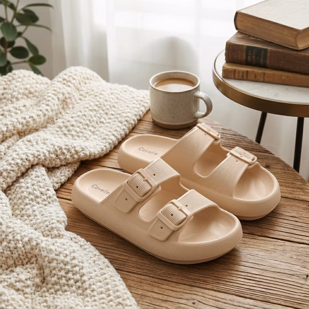 Cavelle Premium Justerbara Cloud Tofflor KHAKI – mjuka & stötdämpande