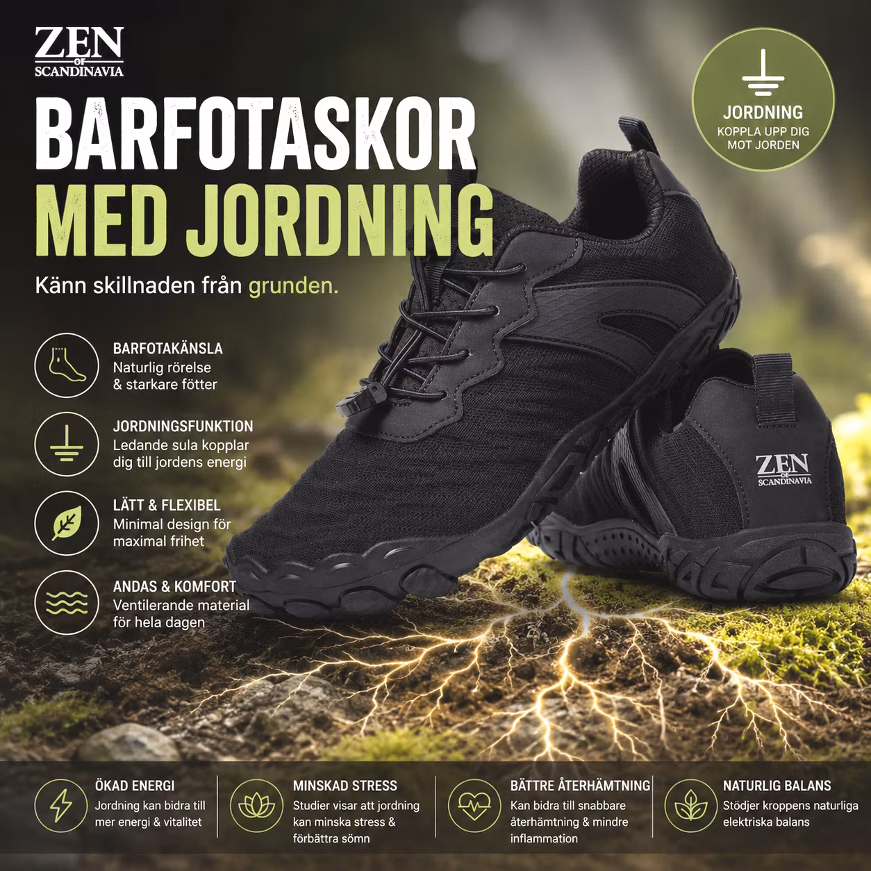 Jordningsskor, Barfotaskor med grounding Vital SVART, Zen of Scandinavia