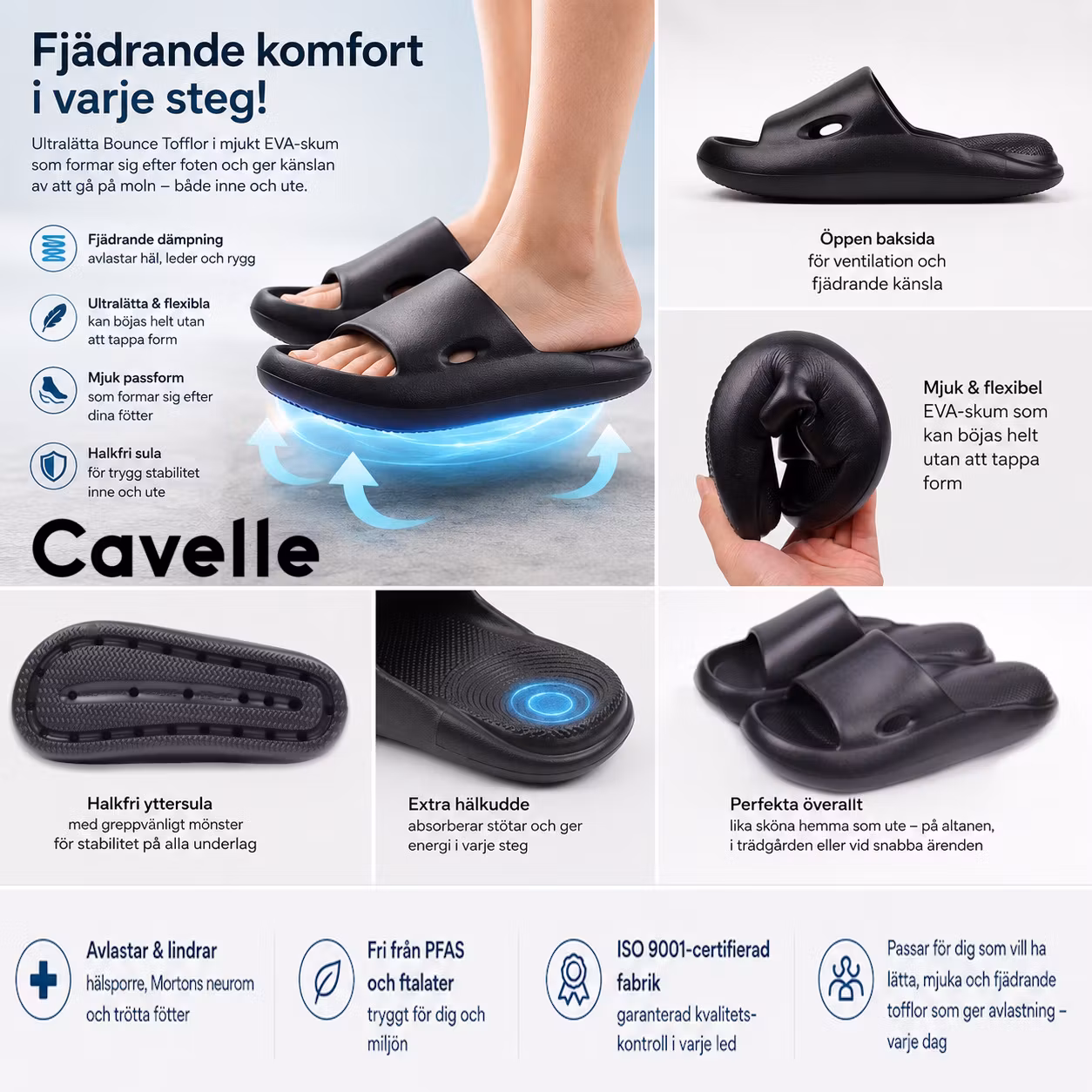 Cavelle Bounce Cloud Tofflor mjuka, avlastande, fjädrande SVART Unisex Herr Dam