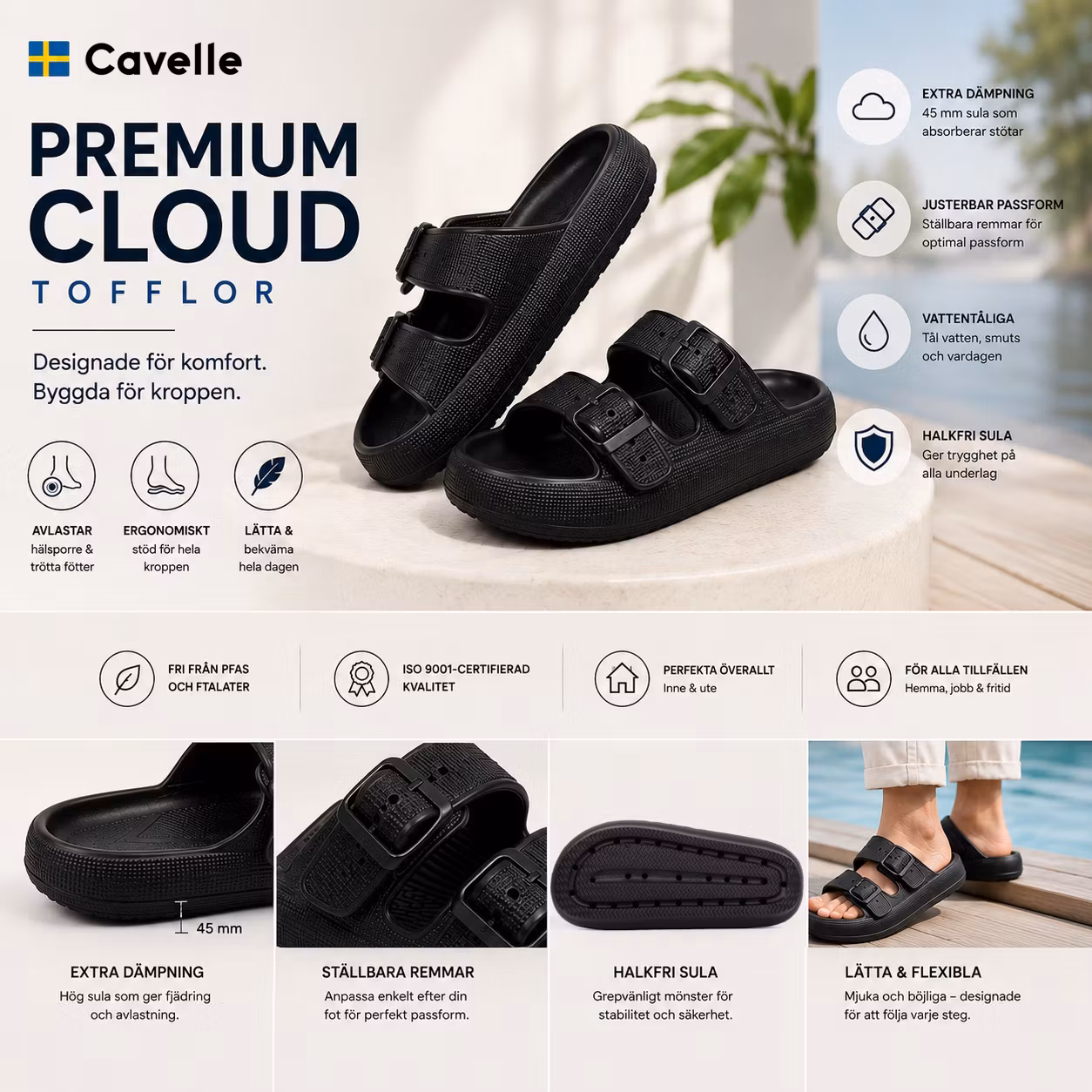 Cavelle Premium Justerbara Cloud Tofflor SVART – mjuka & stötdämpande, unisex, herr, dam, innetoflor, utetofflor