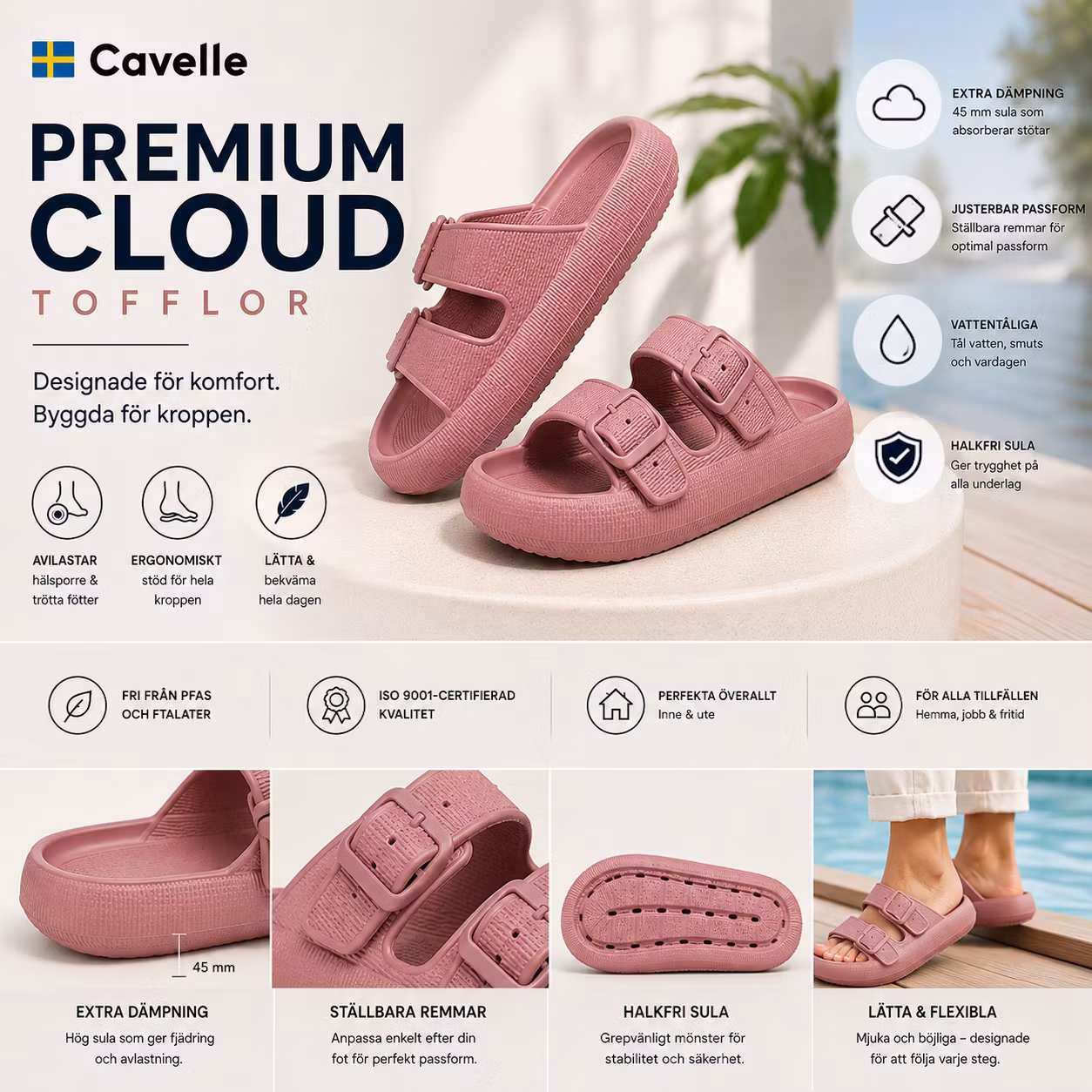 Cavelle Premium Justerbara Cloud Tofflor BLUSH – mjuka & stötdämpande dam