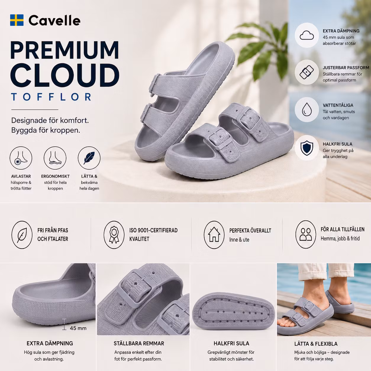Cavelle Premium Justerbara Cloud Tofflor MÖRKGRÅ - mjuka & stötdämpande, unisex, herr, dam