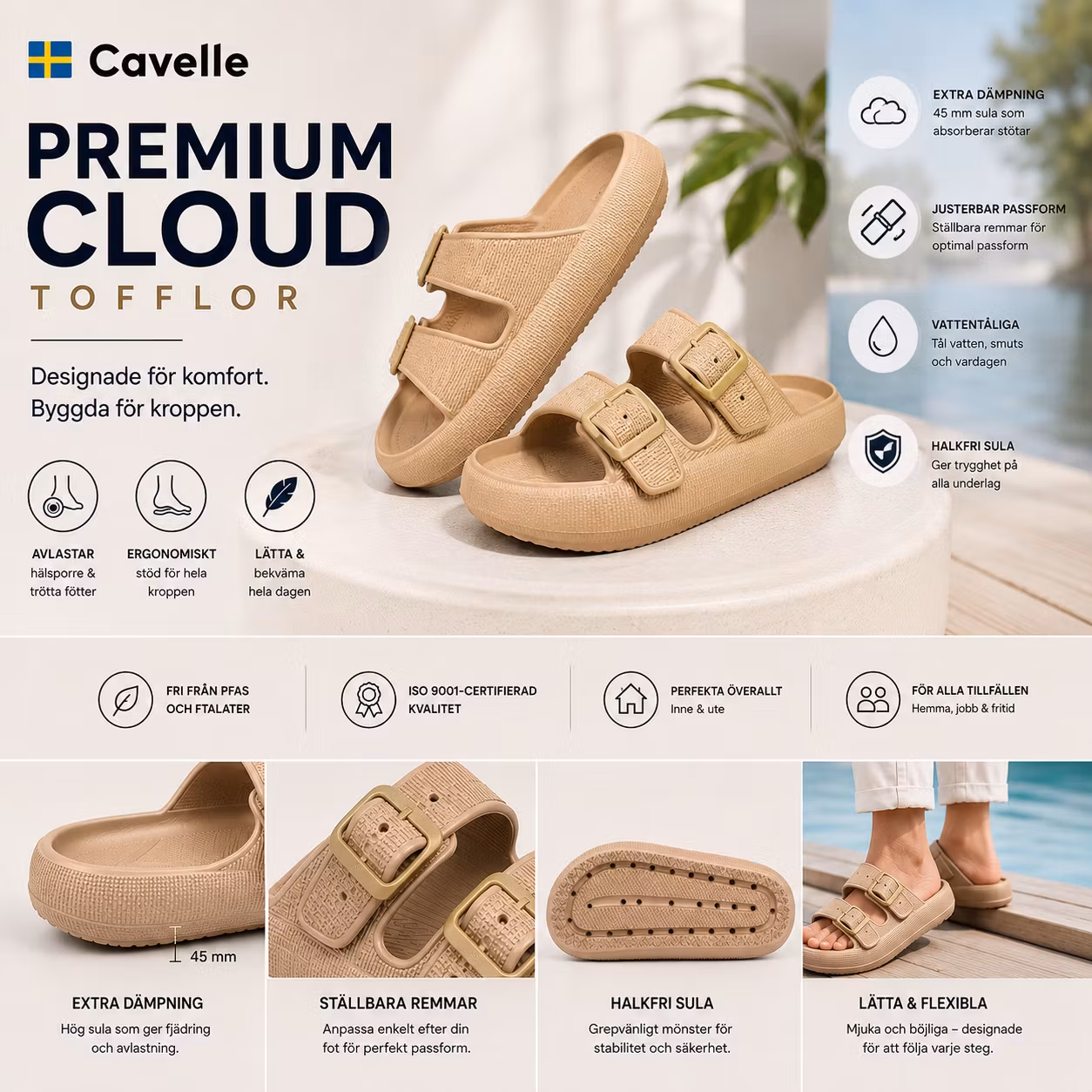 Cavelle Premium Justerbara Cloud Tofflor KHAKI – mjuka & stötdämpande, unisex, herr, dam