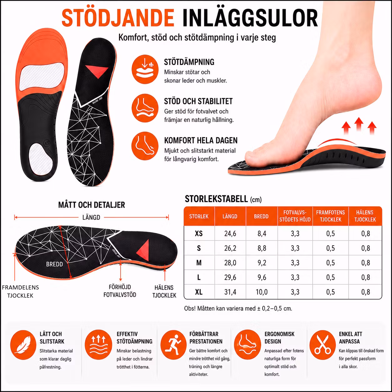 Skoinlägg Sport, fotvalvsstöd, stabilisering, stötdämpning