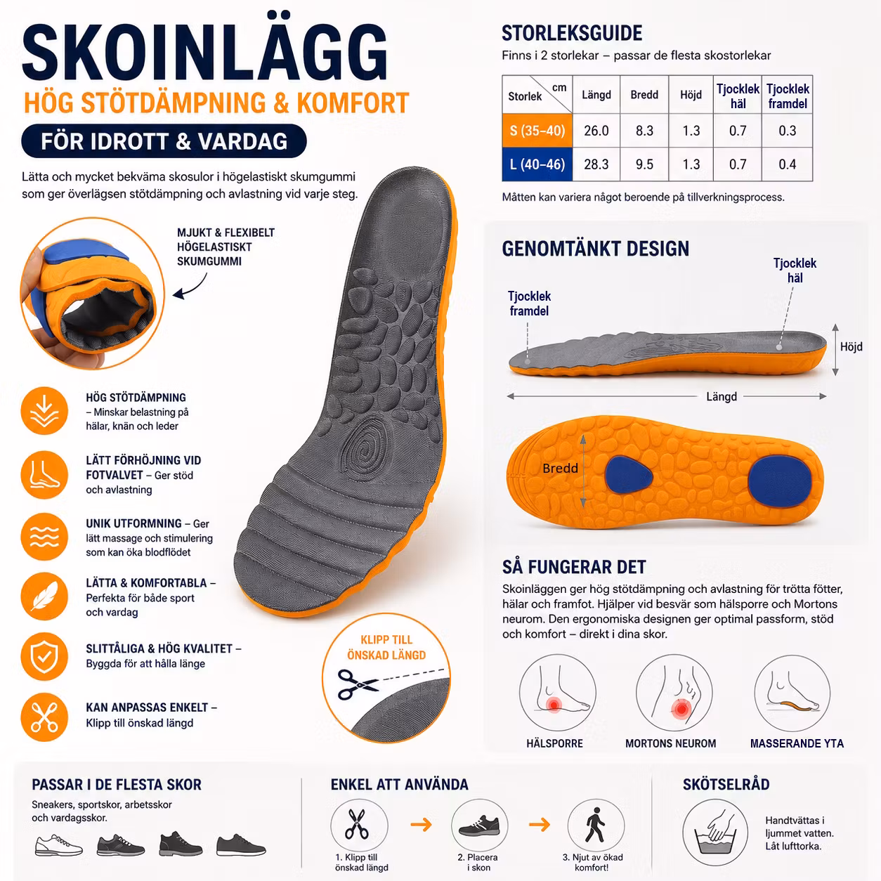 Skoinlägg, högelastisk, stötdämpning för häl & framfot, massage, skum