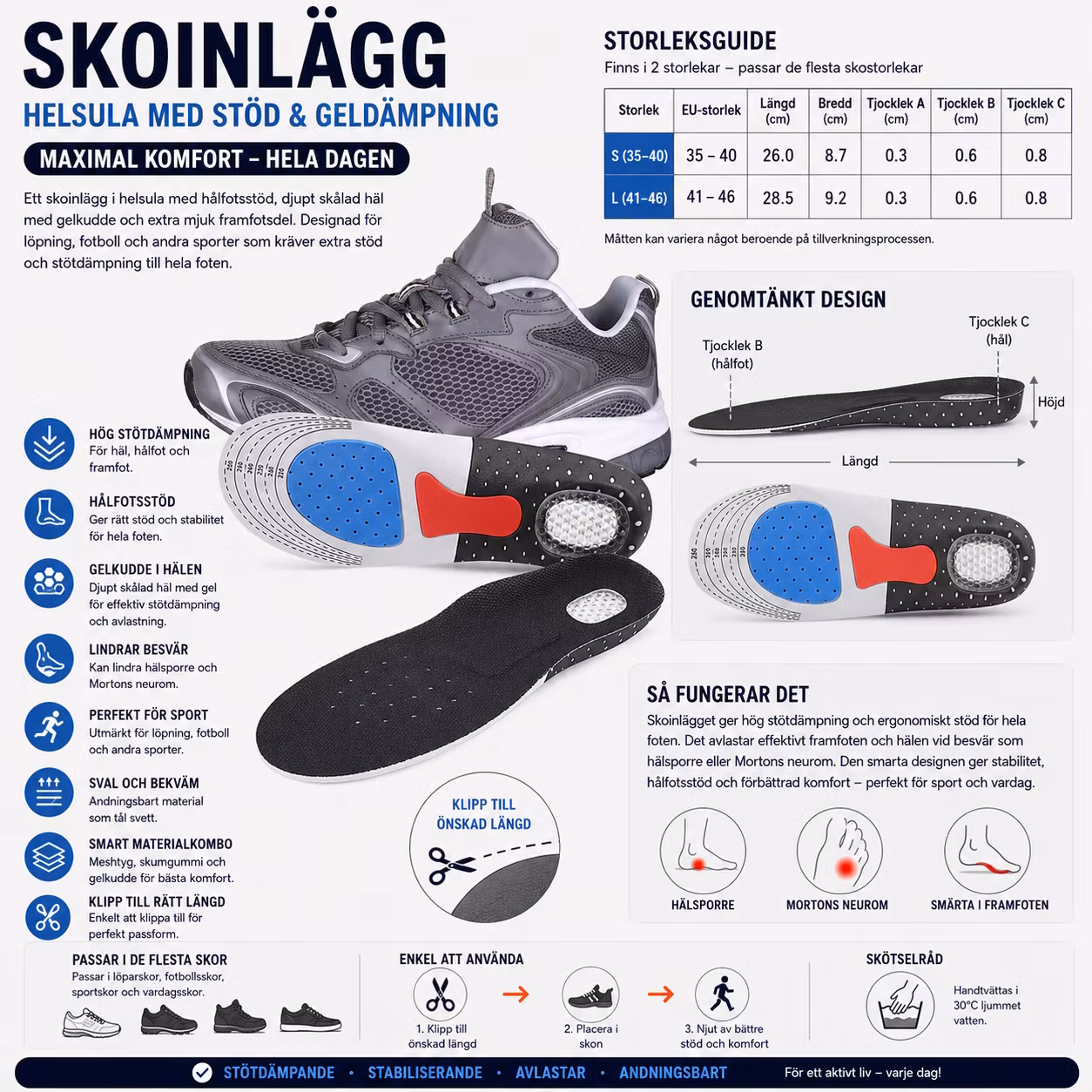 Skoinlägg för löpning, sport, gelkudde vid hälen, stötdämpning, fotvalvsstöd
