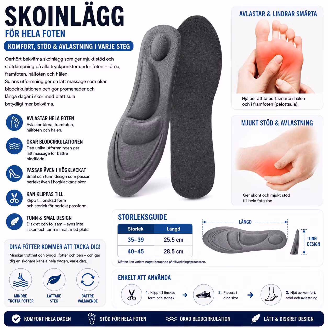 Skoinlägg, stötdämpning häl & framfot, fotvalvstöd, GRÅ