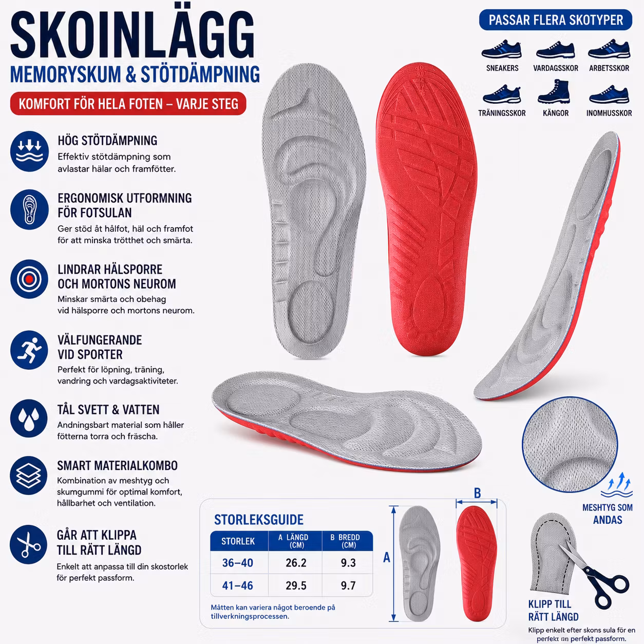 Skoinlägg, stötdämpning för häl & framfot, massage