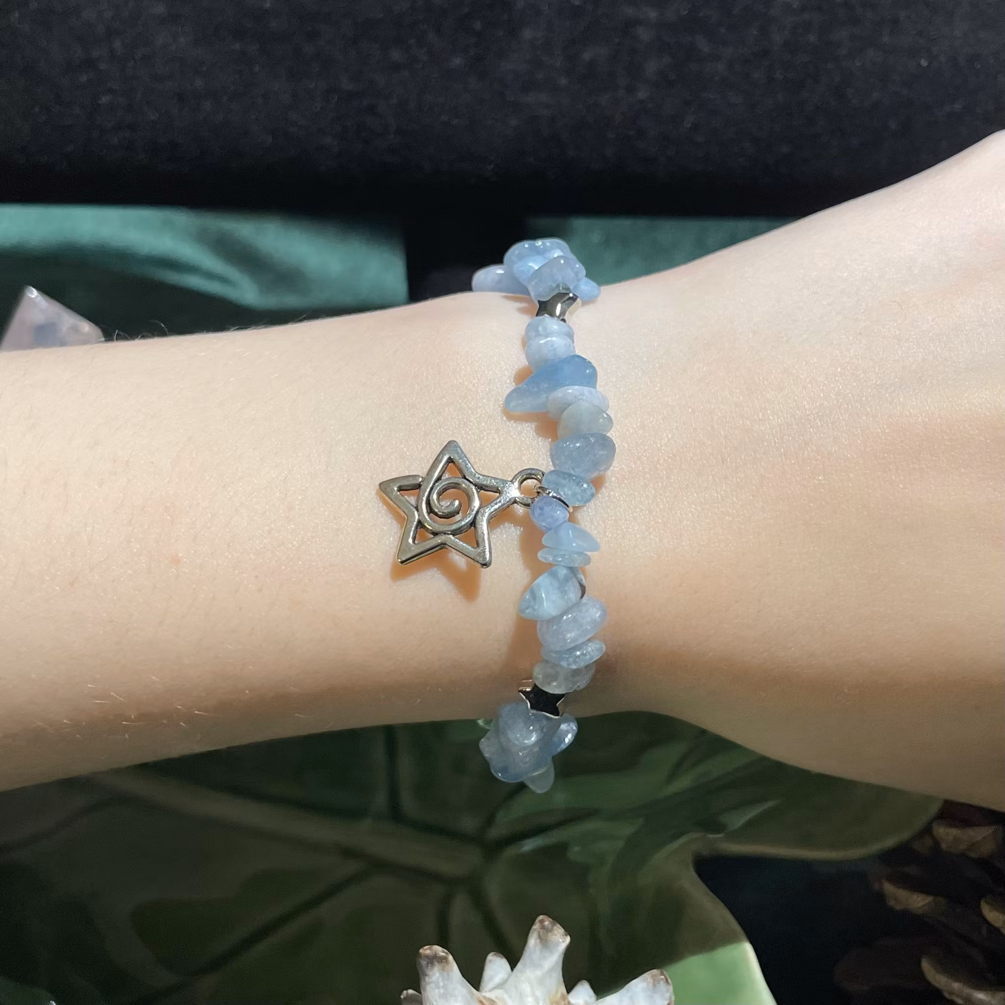 Armband - Akvamarin - Chips - Silver Stjärnor - Stjärna Charm