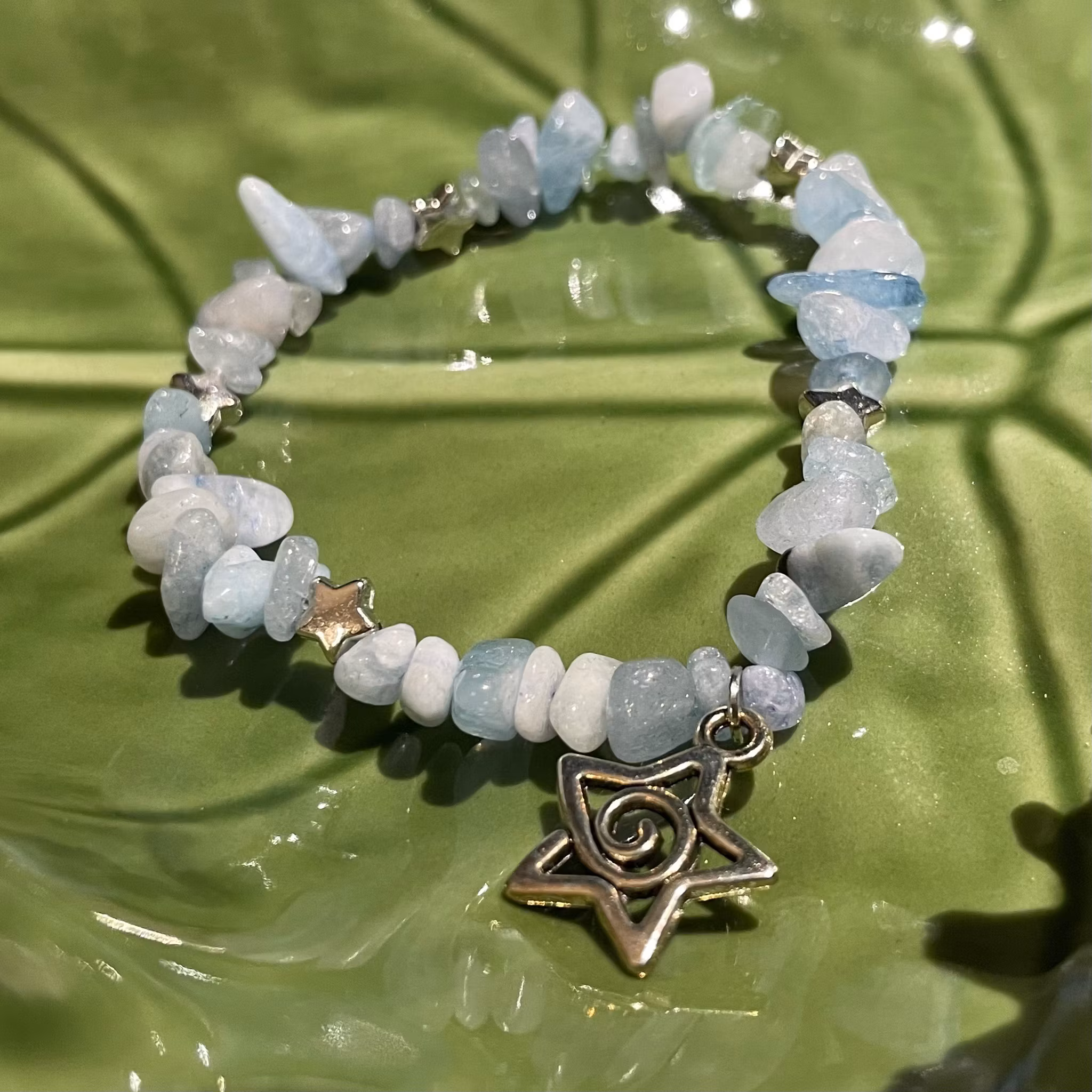 Armband - Akvamarin - Chips - Silver Stjärnor - Stjärna Charm