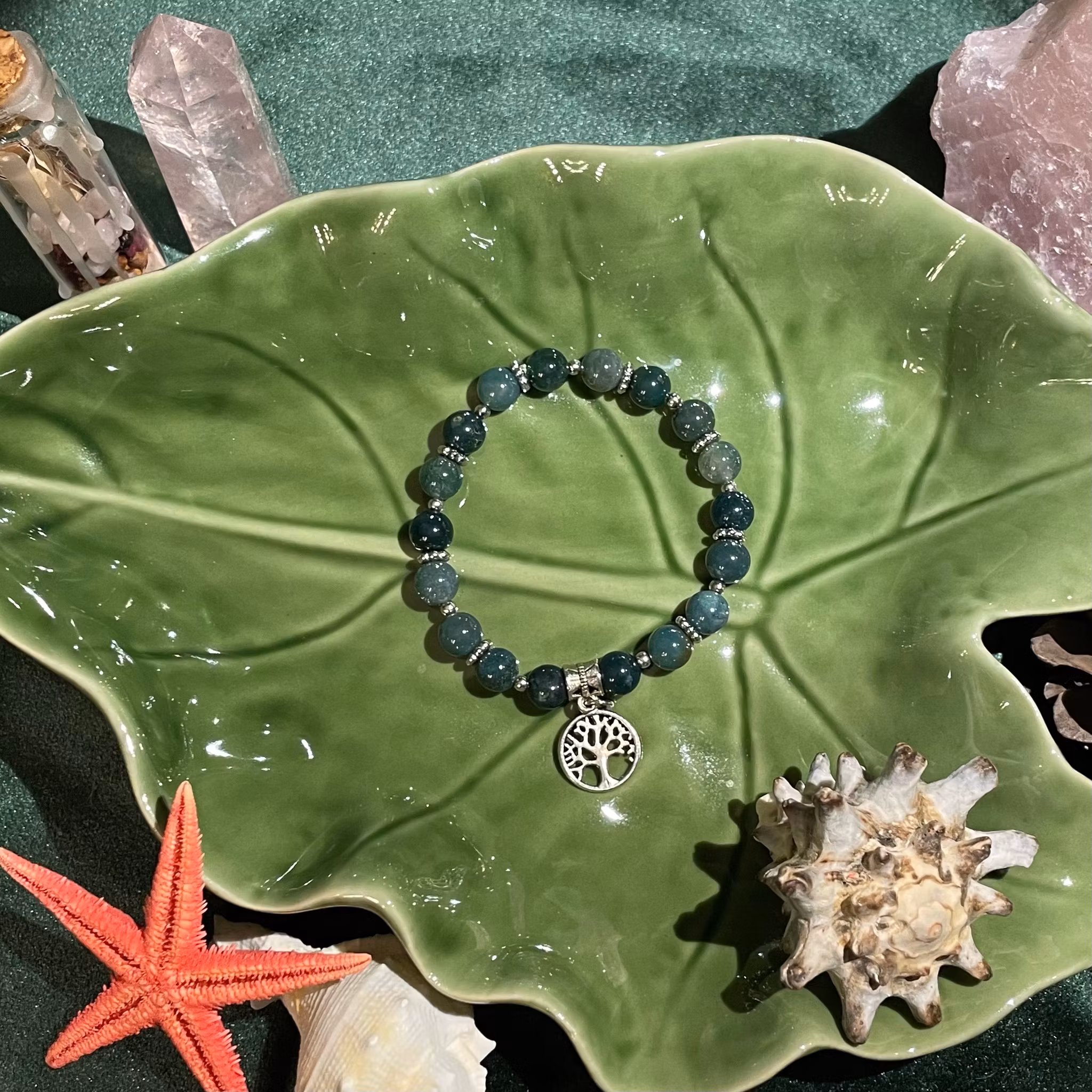 Armband - Mossagat - Rund - Silverpärlor - silver Träd Charm