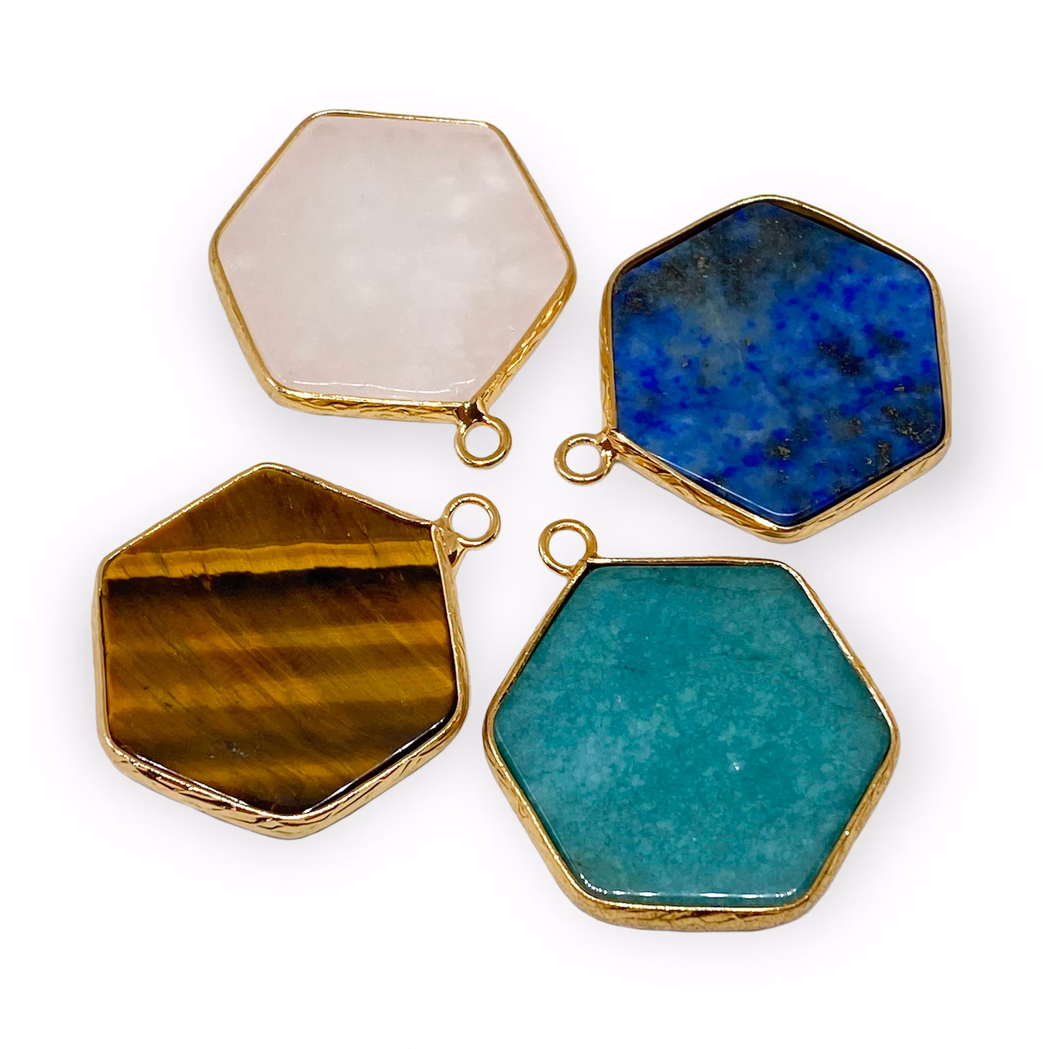 Smyckestillverkning - Hexagonformade stenhängen lapis lazuli rosenkvarts tigeröga turkos jade