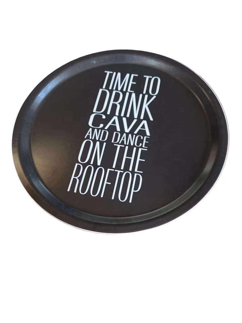 Bricka rund 31 cm, TIME TO DRINK, svart/vit text