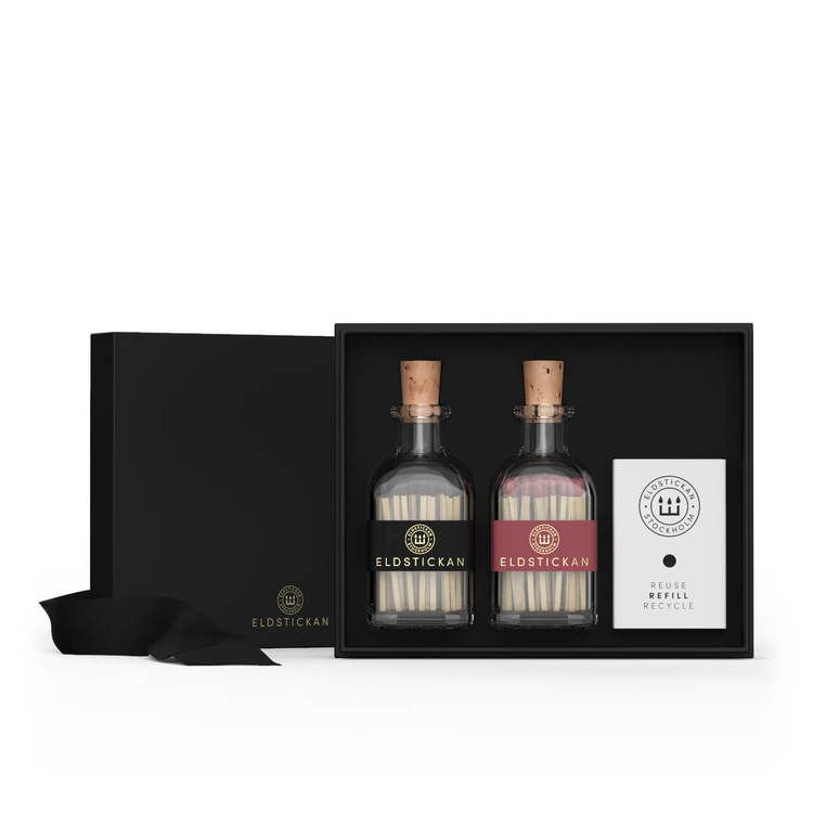 Eldstickan Presentbox tändstickor svart+vinröd
